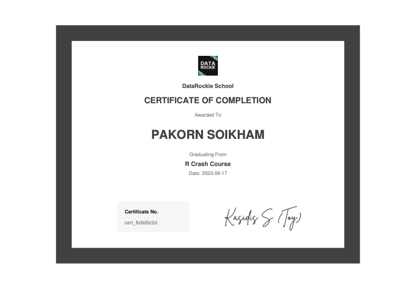 Certificate of Completion for R Crash Course