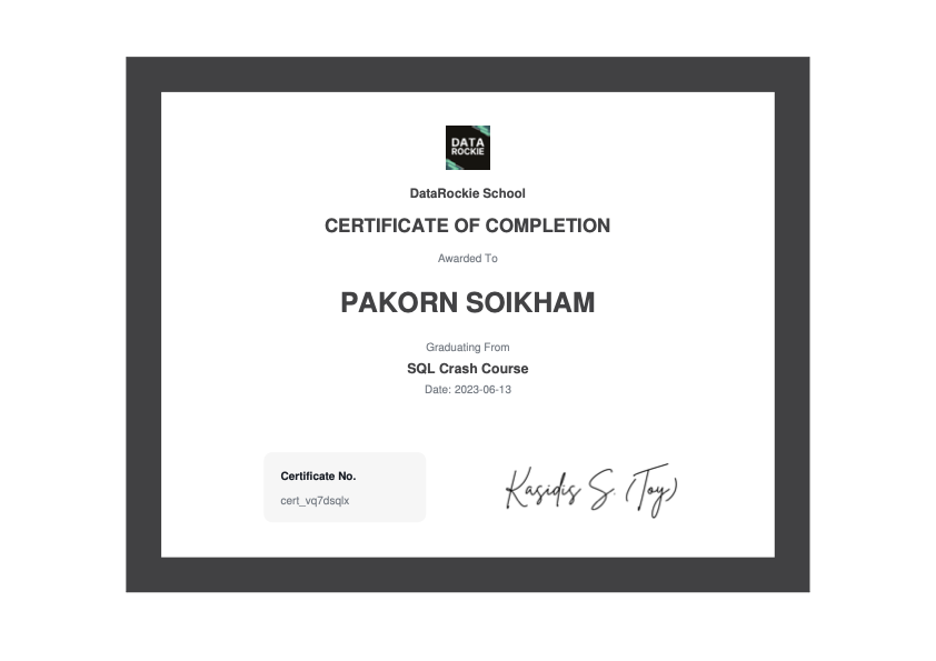 Certificate of Completion for SQL Crash Course